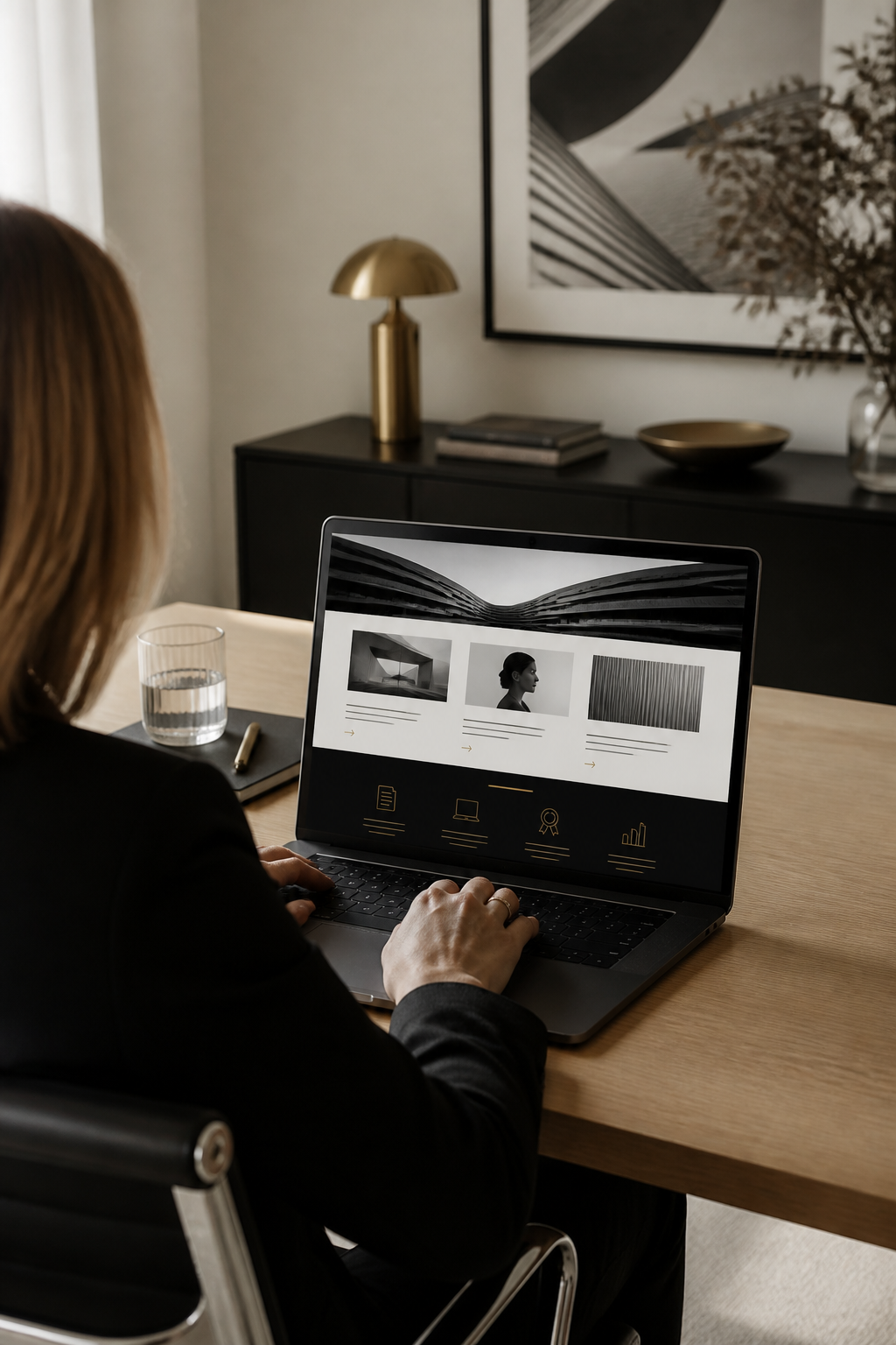 A professional using a laptop for digital training and web development.